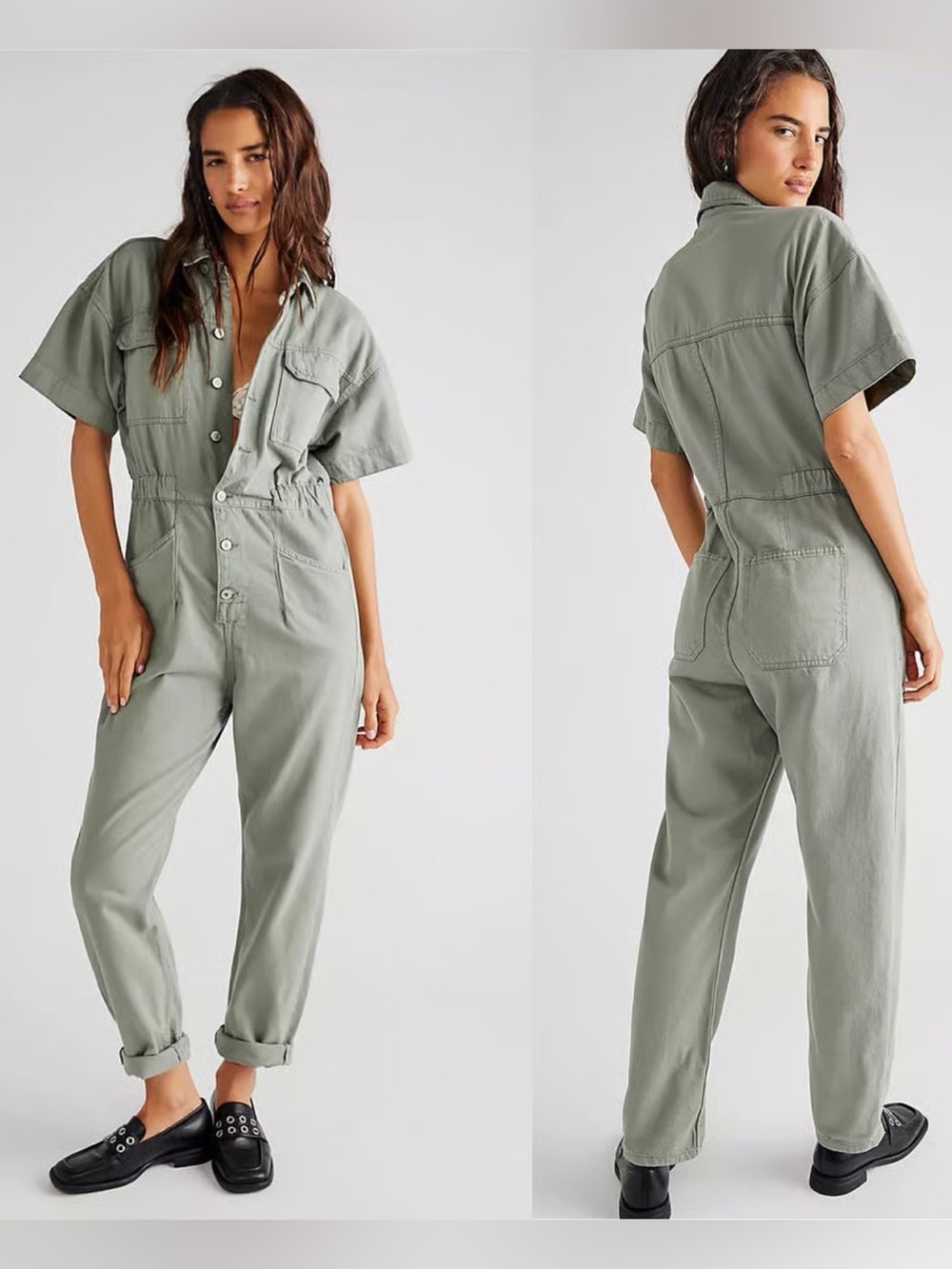 Free People We The Free Marci Jumpsuit Army Green Short Sleeve Size Large NWT